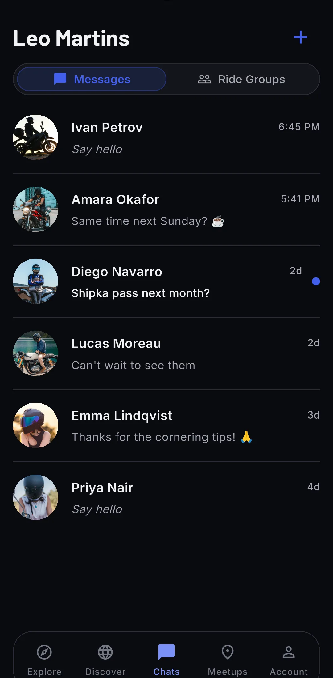 Chats: the riders you are connected with, and a new chat with Ivan at the top