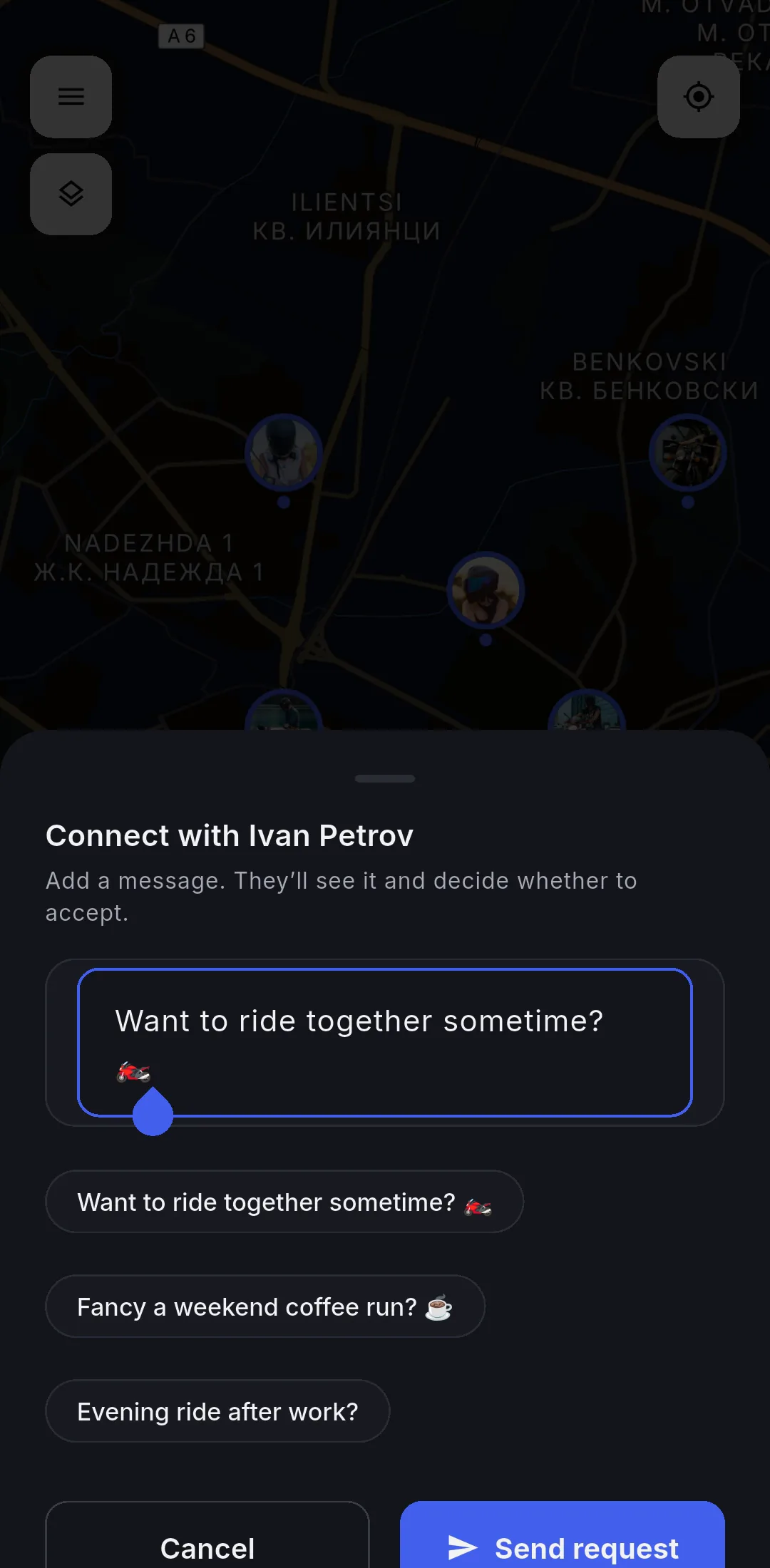 The Connect sheet: add a message, they’ll see it and decide whether to accept, then Send request