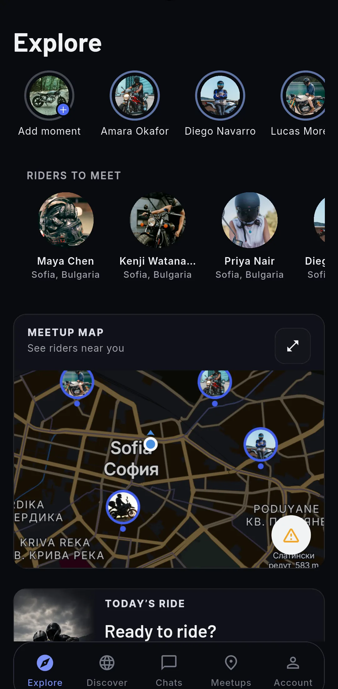 Explore: riders to meet near you, with their photos, and the meetup map