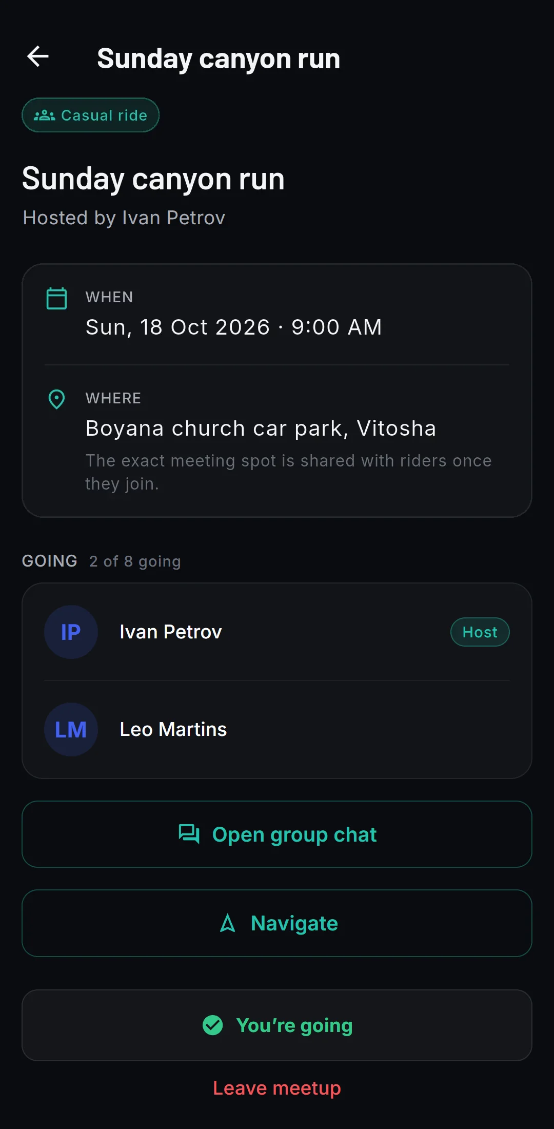 Ivan’s meetup, Sunday canyon run: when and where, Ivan and you going, Open group chat, Navigate, and You’re going